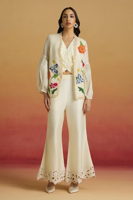 Chandrima Ivory Chanderi Embroidery, Beads, Cut Work Cord And Beadwork Bell Bottom Pant