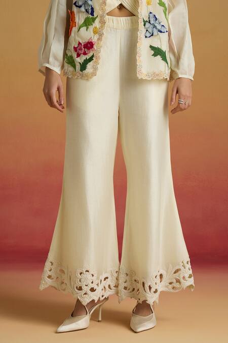 Chandrima_Ivory Chanderi Embroidery, Beads, Cut Work Cord And Beadwork Bell Bottom Pant _Online_at_Aza_Fashions