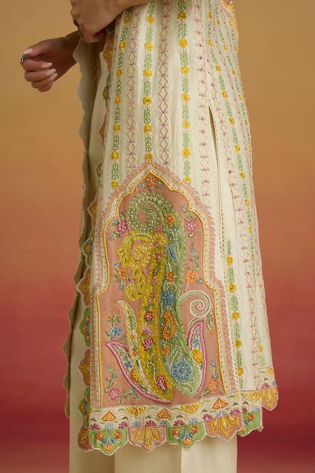 Chandrima_Ivory Chanderi Applique, Beads, Embroidery Open Neck Striped Long Jacket _Online_at_Aza_Fashions