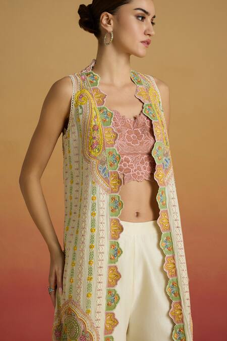 Buy_Chandrima_Ivory Chanderi Applique, Beads, Embroidery Open Neck Striped Long Jacket _Online_at_Aza_Fashions