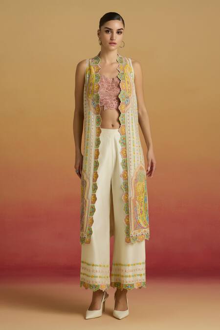 Chandrima Ivory Chanderi Applique, Embroidery Stripe Hem Pant