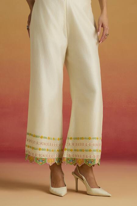 Chandrima_Ivory Chanderi Applique, Embroidery Stripe Hem Pant _Online_at_Aza_Fashions