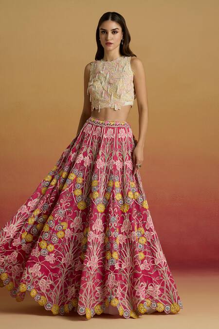 Chandrima Pink Silk Organza Embroidery, Beads Hot Contrast Thread Work Lehenga