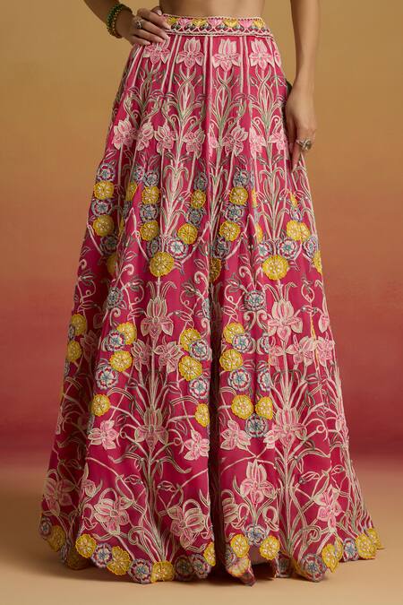Chandrima_Pink Silk Organza Embroidery, Beads Hot Contrast Thread Work Lehenga _Online_at_Aza_Fashions