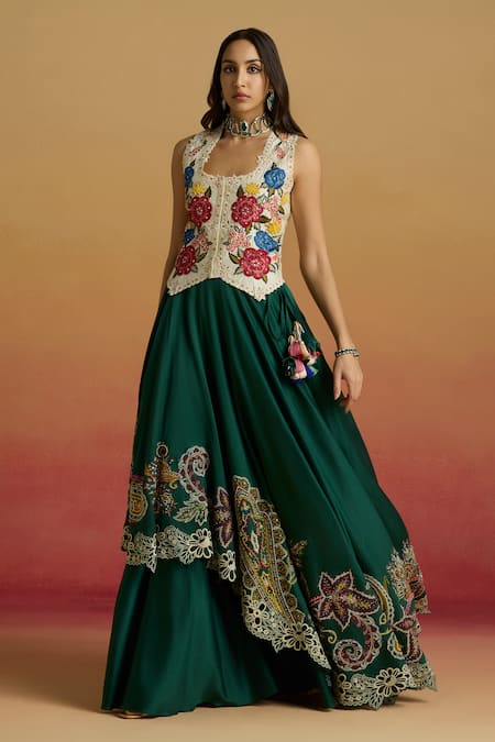 Buy_Chandrima_Ivory Chanderi Embroidery, Beads Scoop Neck Floral Foliage Waistcoat _Online_at_Aza_Fashions