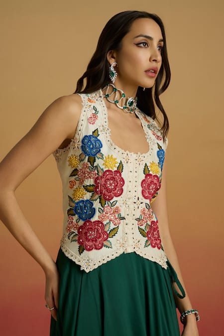 Chandrima Ivory Floral Foliage Waistcoat 