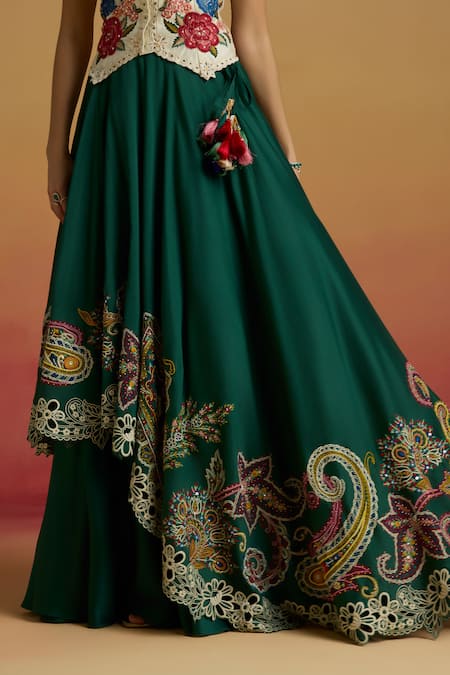 Chandrima Emerald Green Chanderi Embroidery, Beads, Tassels Paisley Layered Lehenga Online at Aza Fashions Chandrima_Emerald Green Chanderi Embroidery, Beads, Tassels Paisley Layered Lehenga _Online_at_Aza_Fashions