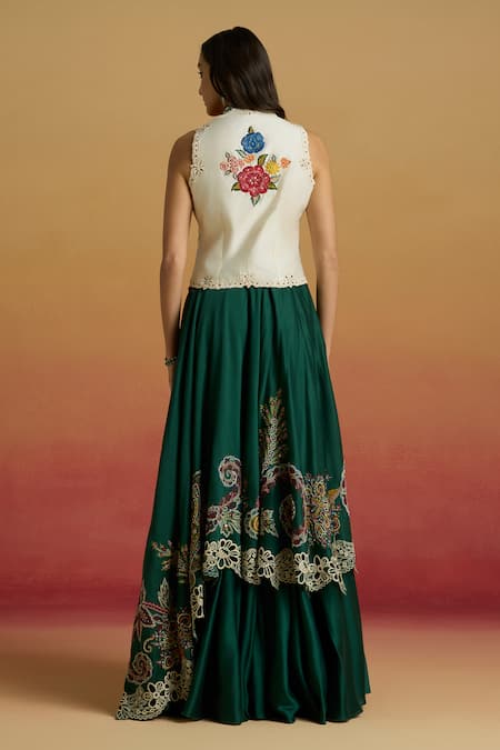 Shop Chandrima Emerald Green Chanderi Embroidery, Beads, Tassels Paisley Layered Lehenga at Aza Fashions Shop_Chandrima_Emerald Green Chanderi Embroidery, Beads, Tassels Paisley Layered Lehenga _at_Aza_Fashions