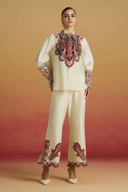 Chandrima_Ivory Chanderi Beads, Embroidery Collared, V-neck Paisley Applique Shirt _Online_at_Aza_Fashions