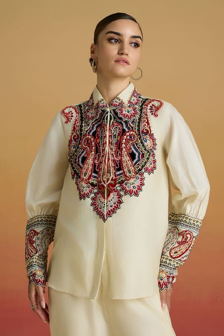 Chandrima Ivory Paisley Applique Embroidered Shirt 