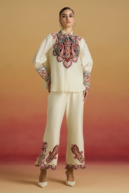 Chandrima Ivory Paisley Applique Pant 