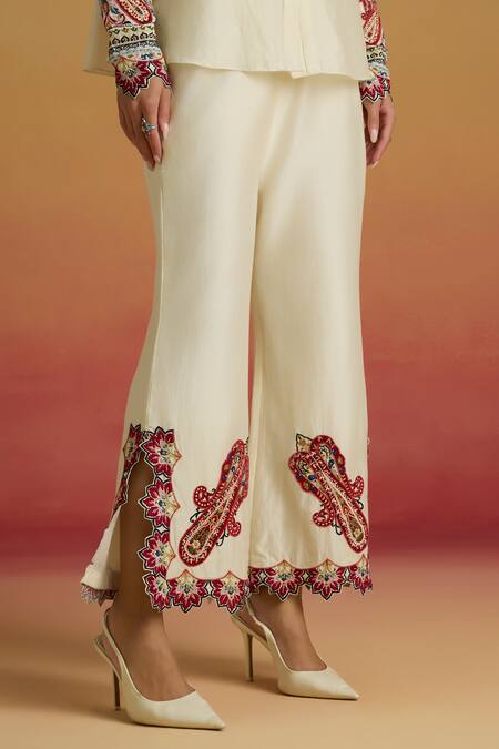 Chandrima_Ivory Chanderi Applique, Embroidery, Beads Paisley Pant _Online_at_Aza_Fashions