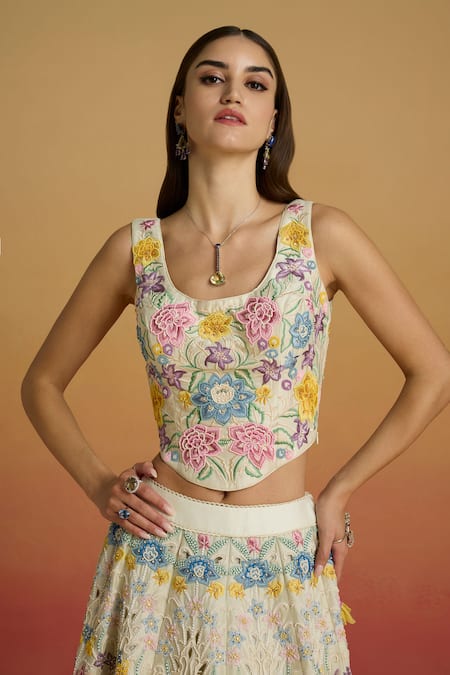 Chandrima Ivory Pastel Floral Thread Work Corset 