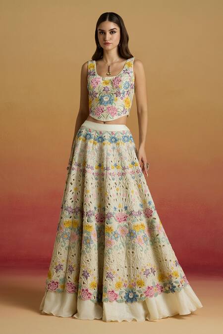 Chandrima_Ivory Chanderi Embroidery, Beads Scoop Neck Pastel Floral Thread Work Corset _Online_at_Aza_Fashions
