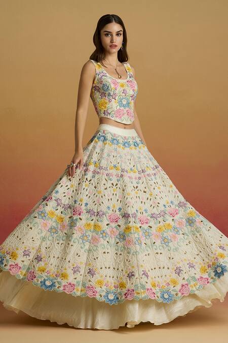 Shop_Chandrima_Ivory Chanderi Embroidery, Beads Scoop Neck Pastel Floral Thread Work Corset _Online_at_Aza_Fashions