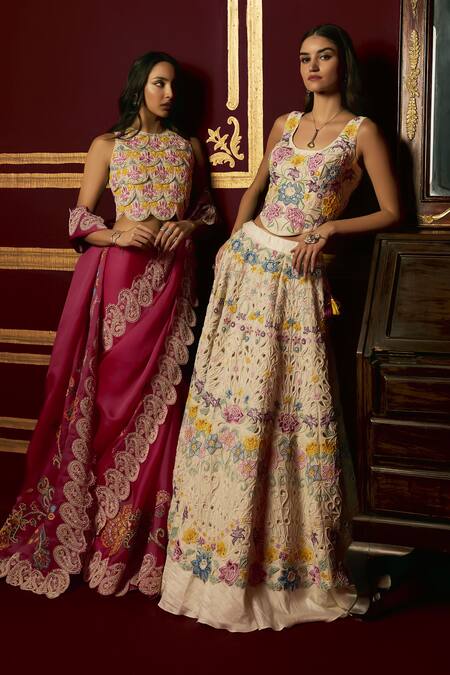 Shop_Chandrima_Ivory Chanderi Embroidery, Beads Floral Cord Work Lehenga _Online_at_Aza_Fashions