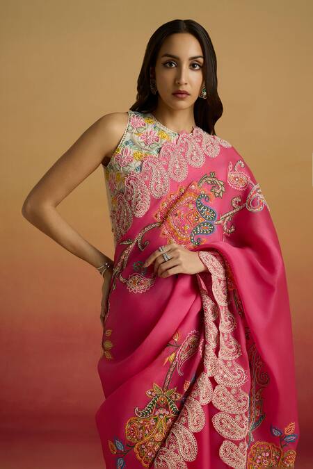 Chandrima_Ivory Chanderi Embroidery, Beads Round Neck Scalloped Crop Top _Online_at_Aza_Fashions