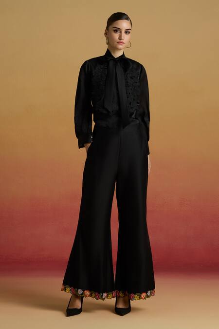 Chandrima_Black Silk Organza Cut Work, Embroidery Collared Cutwork Bib Layered Shirt _Online_at_Aza_Fashions