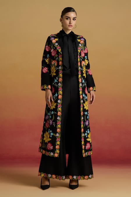 Chandrima Black Floral Thread Work Long Jacket 