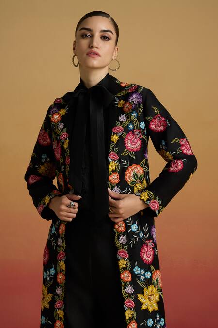 Buy_Chandrima_Black Chanderi Embroidery, Beads Collared Floral Thread Work Long Jacket _Online_at_Aza_Fashions