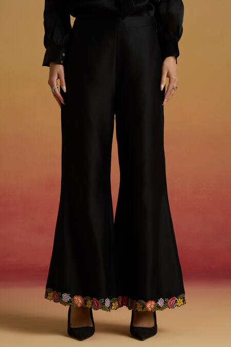 Chandrima Black Chanderi Embroidery, Beads Floral Bell Bottom Pant Online at Aza Fashions Chandrima_Black Chanderi Embroidery, Beads Floral Bell Bottom Pant _Online_at_Aza_Fashions