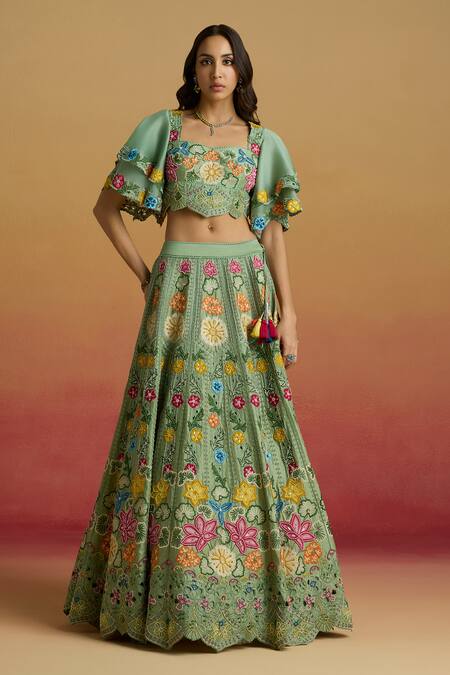 Chandrima Green Chanderi Embroidery, Beads Square Neck Floral Sage Bustier Online at Aza Fashions Chandrima_Green Chanderi Embroidery, Beads Square Neck Floral Sage Bustier _Online_at_Aza_Fashions