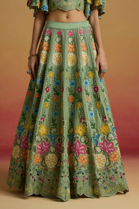 Chandrima Green Chanderi Embroidery, Beads, Tassels Sage Floral Lehenga Online at Aza Fashions Chandrima_Green Chanderi Embroidery, Beads, Tassels Sage Floral Lehenga _Online_at_Aza_Fashions