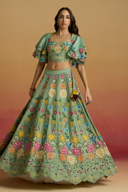 Buy Chandrima Green Chanderi Embroidery, Beads, Tassels Sage Floral Lehenga Online at Aza Fashions Buy_Chandrima_Green Chanderi Embroidery, Beads, Tassels Sage Floral Lehenga _Online_at_Aza_Fashions