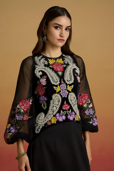 Chandrima Black Chanderi, Silk Organza, Velvet Embroidery, Contrast Paisley Flounce Dress Online at Aza Fashions Chandrima_Black Chanderi, Silk Organza, Velvet Embroidery, Contrast Paisley Flounce Dress _Online_at_Aza_Fashions