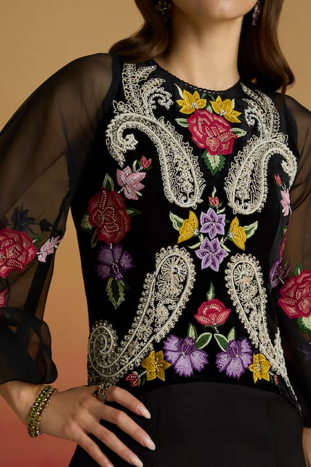 Buy Chandrima Black Chanderi, Silk Organza, Velvet Embroidery, Contrast Paisley Flounce Dress Online at Aza Fashions Buy_Chandrima_Black Chanderi, Silk Organza, Velvet Embroidery, Contrast Paisley Flounce Dress _Online_at_Aza_Fashions