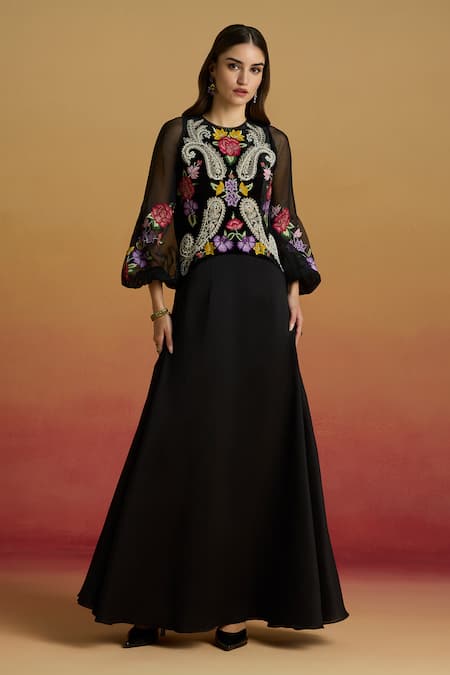 Chandrima Contrast Paisley Embroidered Flounce Dress 