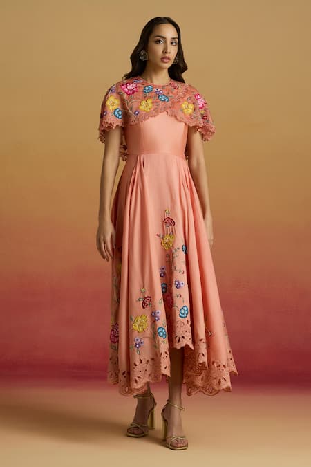 Chandrima Apricot Cape Detail Embroidered Flounce Dress 