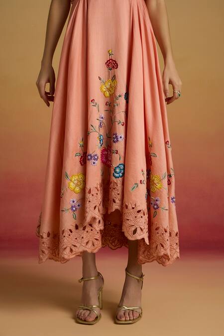 Chandrima_Peach Chanderi Embroidery, Beads, Cut Work Apricot Cape Detail Flounce Dress _Online_at_Aza_Fashions