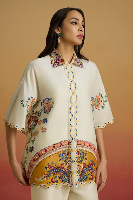 Chandrima Ivory Applique Kaftan Shirt 