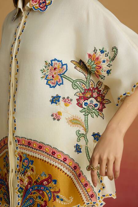 Buy_Chandrima_Ivory Chanderi Embroidery, Applique Collared Kaftan Shirt _Online_at_Aza_Fashions