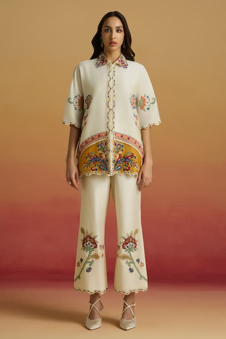Chandrima Ivory Applique Embroidered Straight Pant 
