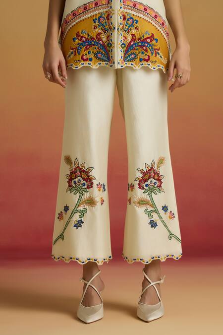 Chandrima_Ivory Chanderi Applique, Embroidery Straight Pant _Online_at_Aza_Fashions