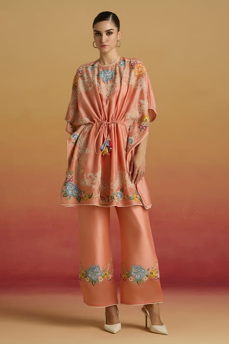Chandrima Apricot Contrast Paisley Embroidered Kaftan 