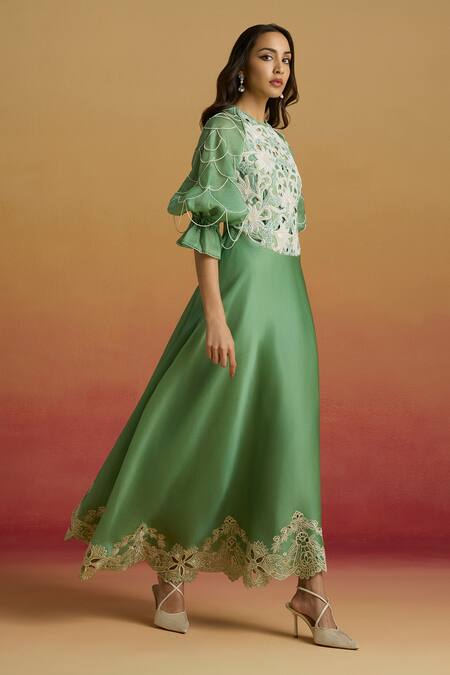 Chandrima_Green Silk Organza Embroidery, Beads, Cut Work Sage Contrast Flounce Dress _Online_at_Aza_Fashions