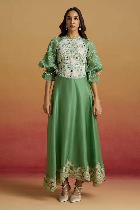 Chandrima Sage Green Contrast Embroidered Flounce Dress 