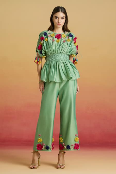 Chandrima Sage Green 3D Floral Applique Pant 