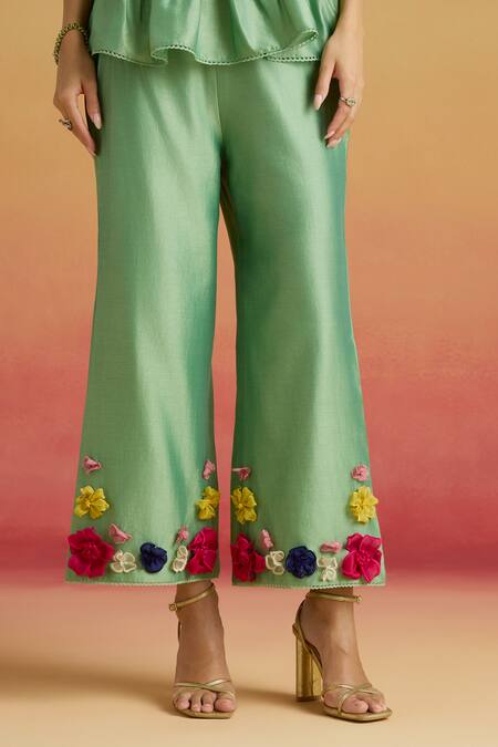 Chandrima_Green Chanderi Applique Sage 3d Floral Pant _Online_at_Aza_Fashions