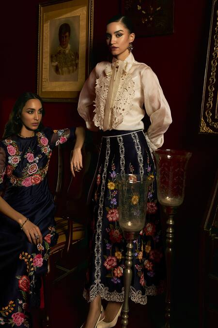 Chandrima_Ivory Silk Organza Cut Work Collared Bib Layered Shirt _Online_at_Aza_Fashions