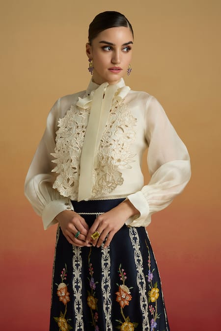 Chandrima Ivory Cutwork Bib Layered Shirt 