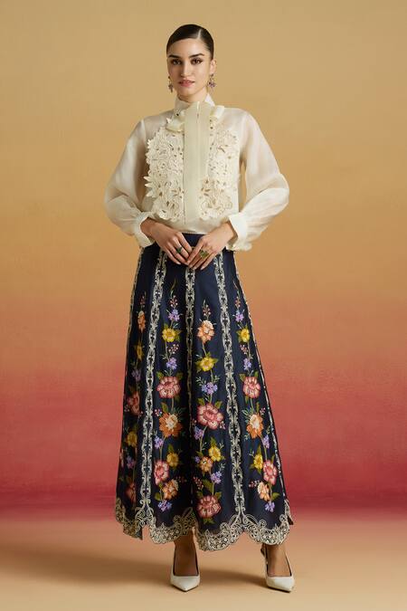 Chandrima_Blue Chanderi Embroidery, Beads Indigo Floral Panelled Skirt _Online_at_Aza_Fashions