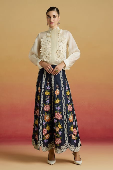 Chandrima Indigo Floral Panelled Skirt 