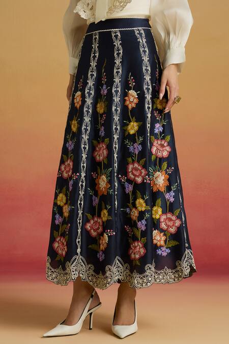 Buy_Chandrima_Blue Chanderi Embroidery, Beads Indigo Floral Panelled Skirt _Online_at_Aza_Fashions