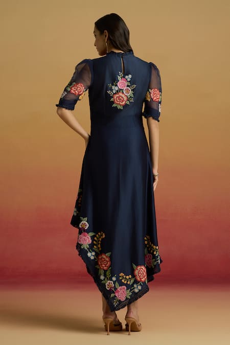 Shop Chandrima Navy Chanderi Embroidery, Beads High Neck Indigo Floral Asymmetric Dress at Aza Fashions Shop_Chandrima_Navy Chanderi Embroidery, Beads High Neck Indigo Floral Asymmetric Dress _at_Aza_Fashions