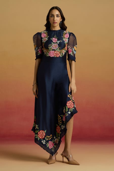 Chandrima Indigo Floral Embroidered Asymmetric Dress 