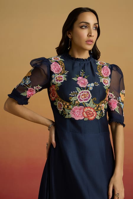 Buy Chandrima Navy Chanderi Embroidery, Beads High Neck Indigo Floral Asymmetric Dress Online at Aza Fashions Buy_Chandrima_Navy Chanderi Embroidery, Beads High Neck Indigo Floral Asymmetric Dress _Online_at_Aza_Fashions